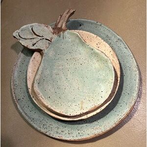 3 RUSTIC PRIMITIVE SPECKLED PLATES , & Spoon Rest.Contemporary Handmade.